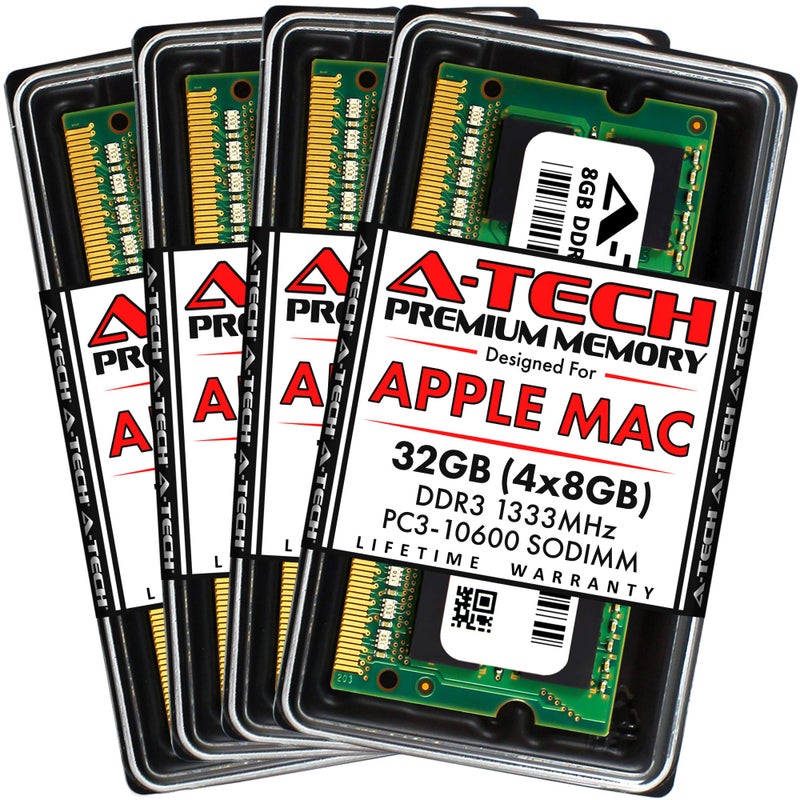 A-Tech 32GB (4x8GB) RAM for Apple iMac (Mid 2010 27 inch 4-Core, Mid 2011 21.5/27 inch) | DDR3 1333MHz PC3-10600 204-Pin SODIMM Memory Upgrade Kit - Image 1
